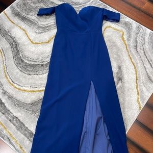 Bright Blue Strapless off the shoulder gown